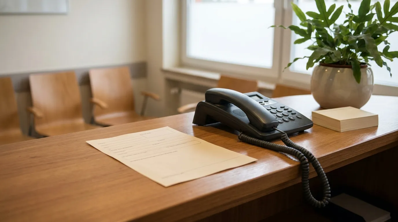 Ein aufgeräumter Empfangstresen einer Arztpraxis mit einem leeren Überweisungsformular, einem Tischtelefon, leeren Wartezimmerstühlen und einer Pflanze im weichen Tageslicht, ohne Personen oder lesbaren Text