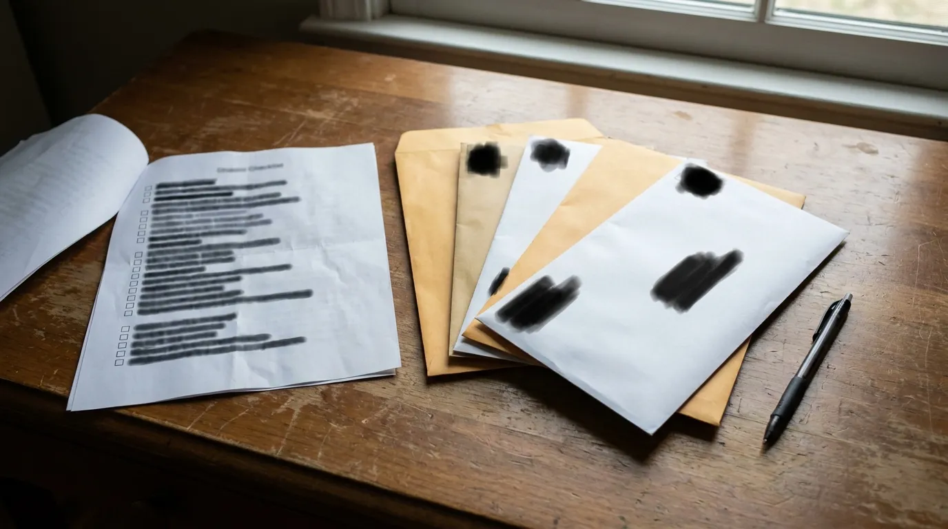 Eine Checkliste und mehrere Briefumschläge liegen aufgefächert neben einem Kugelschreiber auf einem Tisch, ohne lesbaren Text