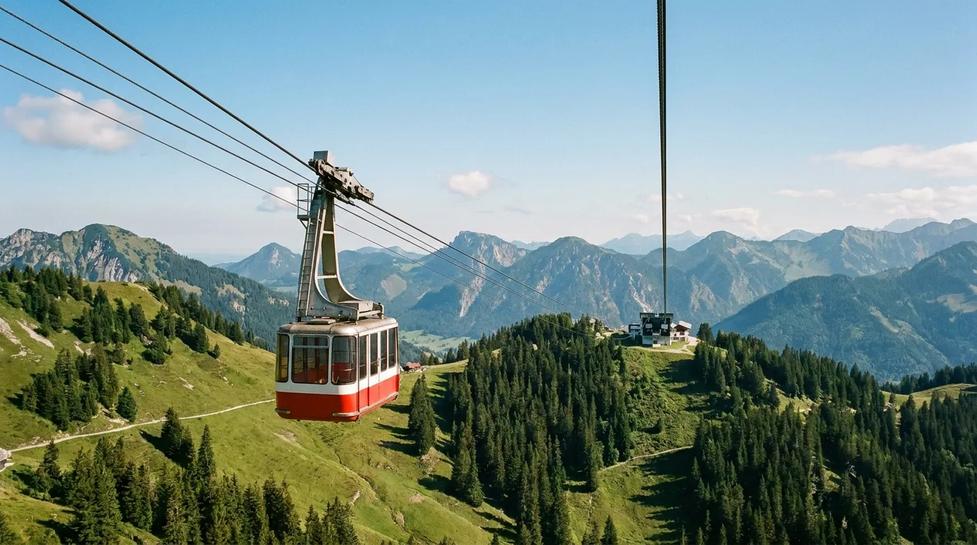 Una góndola alpina suspendida sobre laderas verdes de montaña bajo un cielo azul despejado