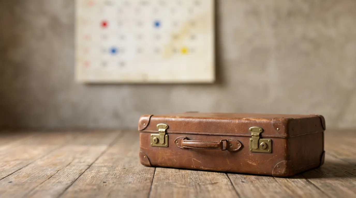 Ein Wandkalender mit mehreren markierten Urlaubstagen und einem kleinen Koffer daneben, kein lesbarer Text sichtbar