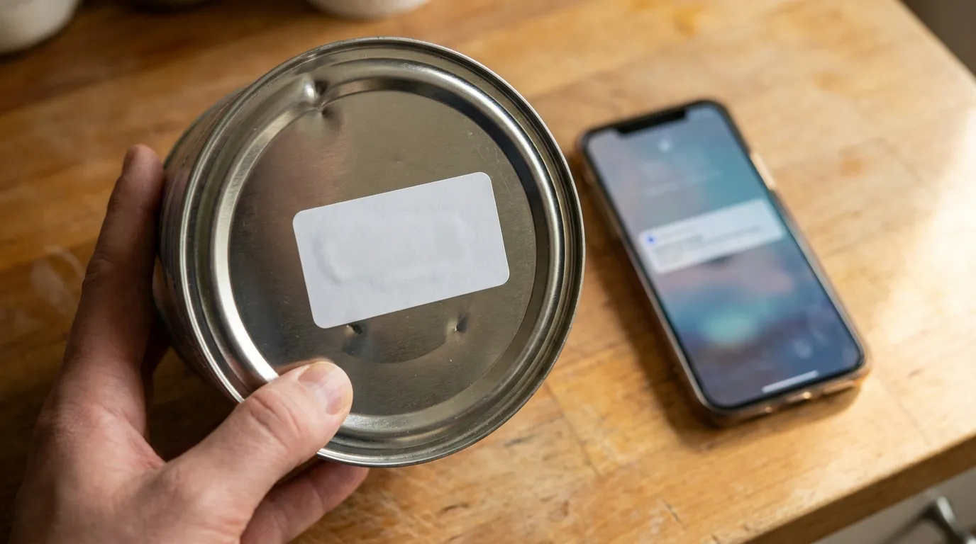 A close hand holding a formula tin with a blank batch code label, a smartphone showing a notification nearby