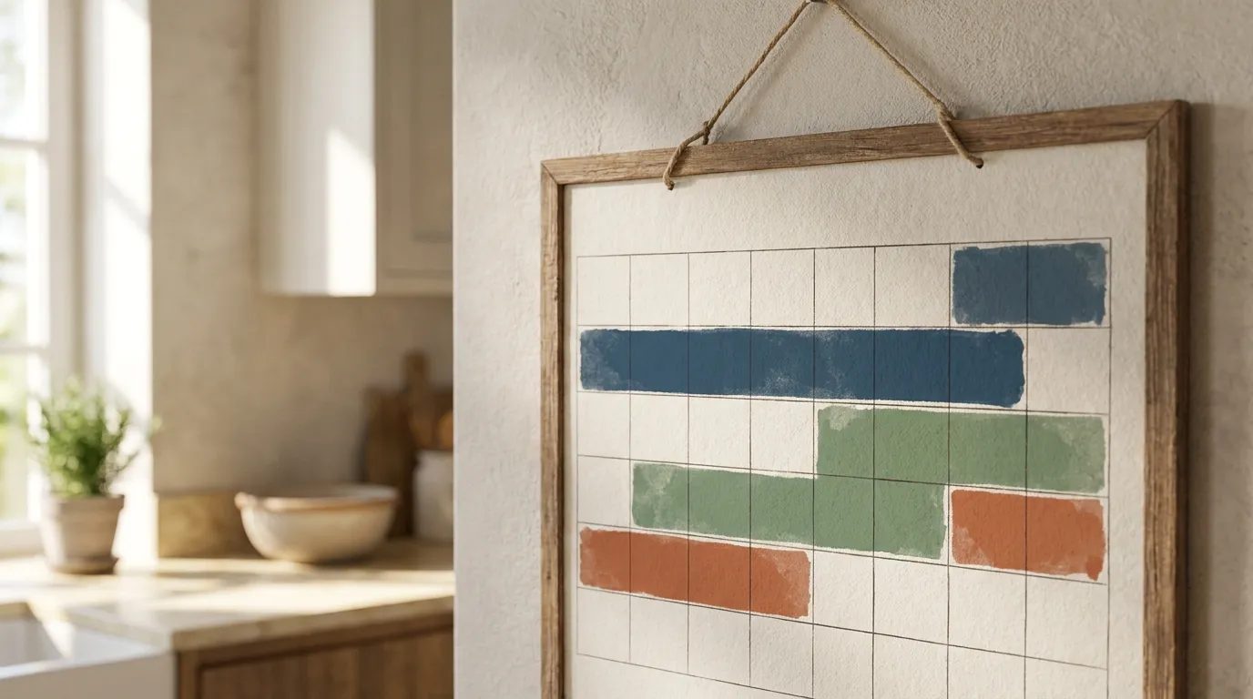 A wall calendar with several weeks highlighted in different colors, hanging in a bright kitchen, no readable text visible