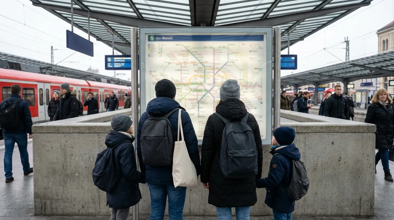 A family looking at a public transit map at a station platform