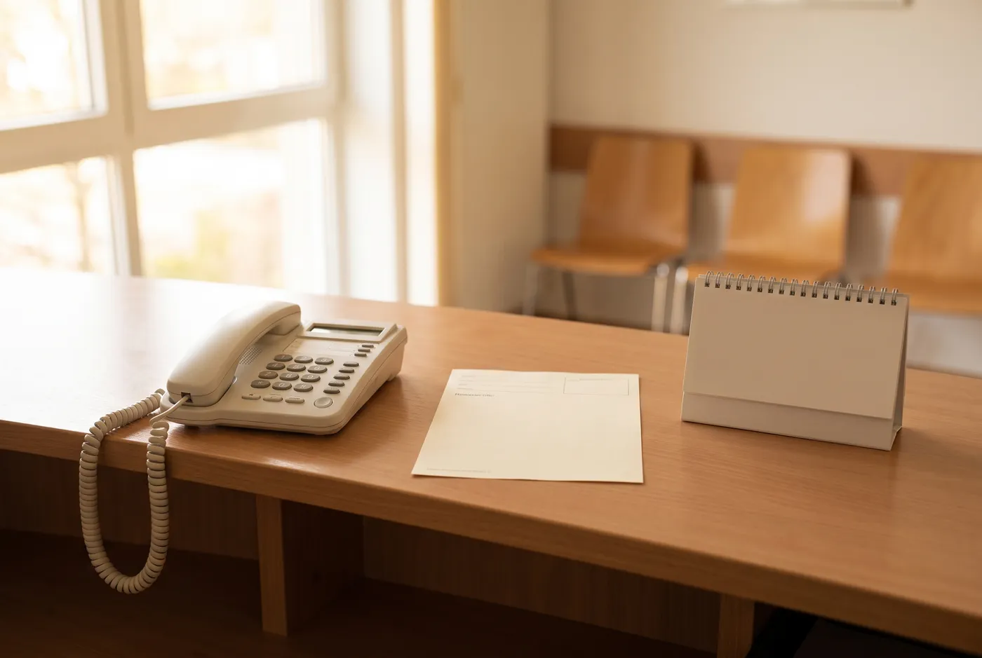 Un mostrador de recepción tranquilo y vacío de una consulta médica alemana con un auricular de teléfono con cable, un volante de derivación en blanco y un calendario de mesa sencillo sobre un mostrador de madera, sillas de espera ordenadas y desenfocadas bajo una luz cálida, sin personas ni texto legible visible