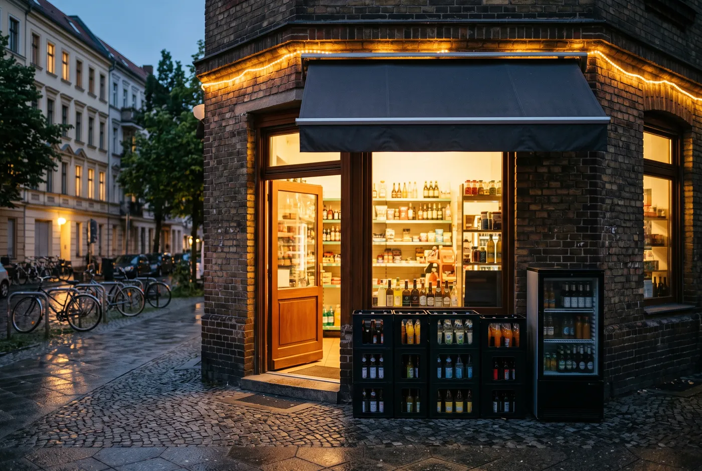 Ein kleiner beleuchteter Eckladen mit Markise in der Dämmerung, Getränkekisten und ein Kühlschrank vor der Tür, Lichterketten an der Backsteinfassade, eine ruhige Straße mit geparkten Fahrrädern im Hintergrund