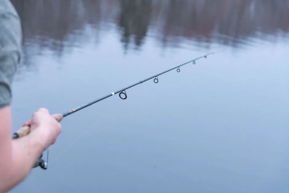 A close-up view over calm lake water of a hand holding a fishing rod, the line and rod tip extending out over the still surface, no face visible