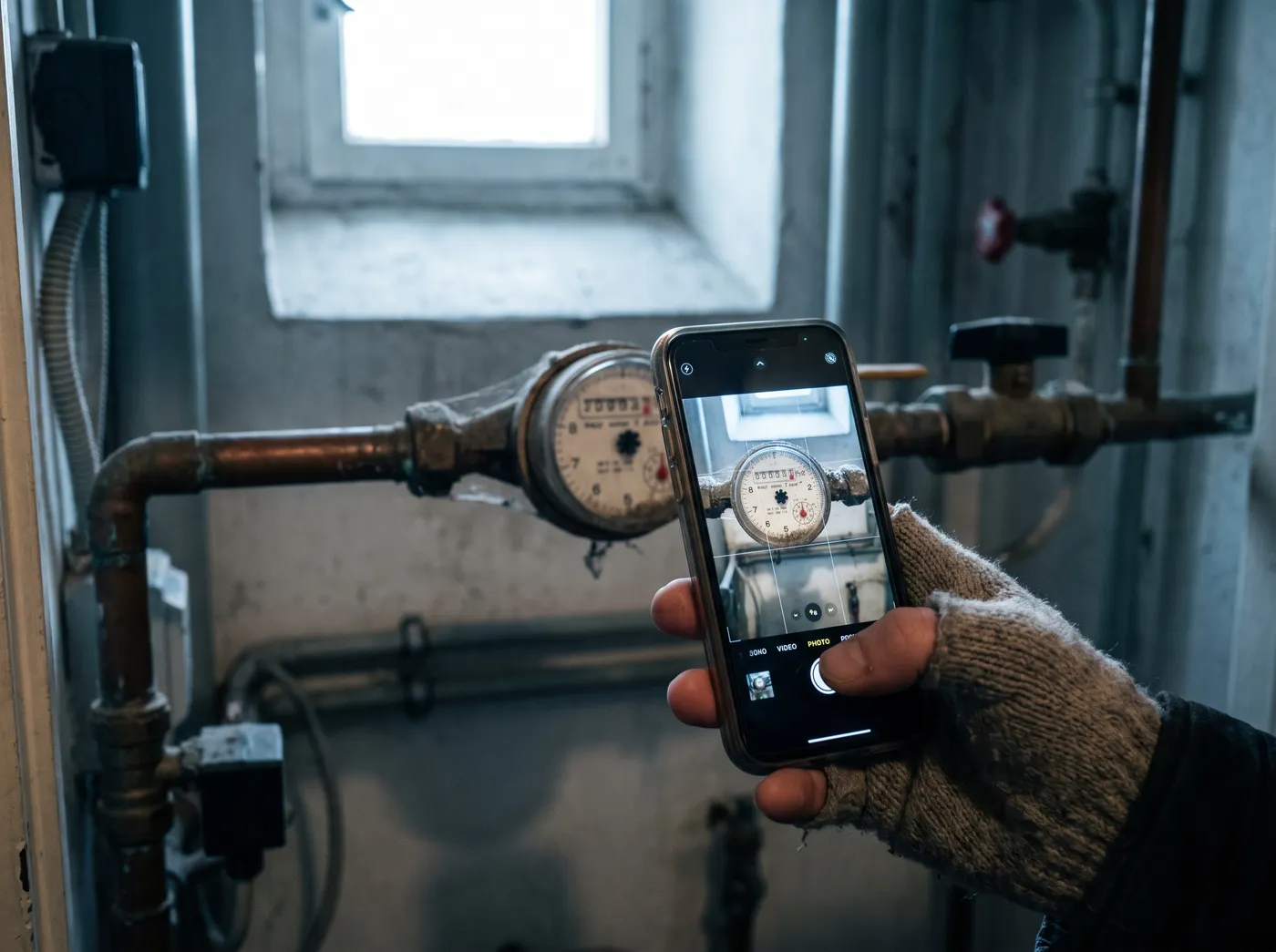 Eine Hand hält ein Smartphone und fotografiert eine Wasserzähler-Anzeige, montiert an einem Rohr in einem schwach beleuchteten Hausanschlussraum einer Berliner Wohnung