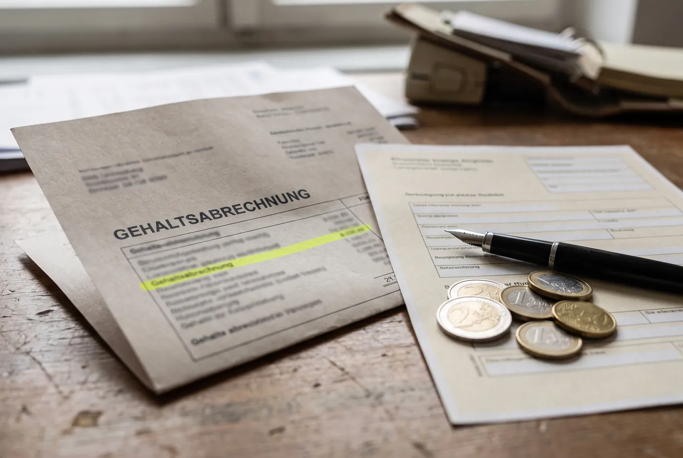 Un documento de nómina alemán que dice Gehaltsabrechnung con una línea de deducción resaltada, junto a un formulario de registro oficial, una pluma estilográfica, y monedas de euro sobre un escritorio de madera