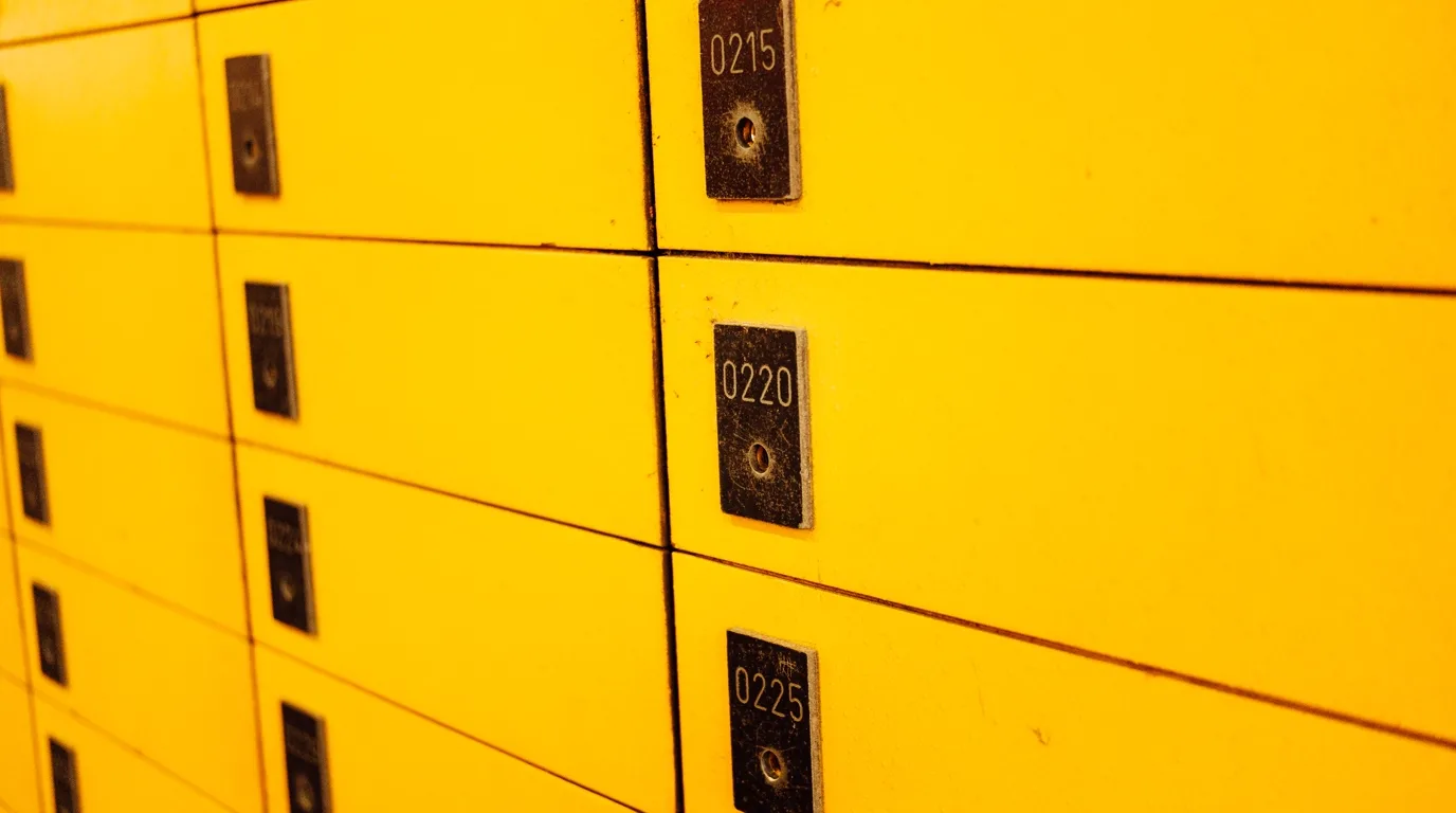 Vista en ángulo de cerca de una pared de compartimentos de casillero de paquetes de color amarillo brillante, cada uno con una pequeña placa numerada, sin personas, texto, o logotipos de marca visibles