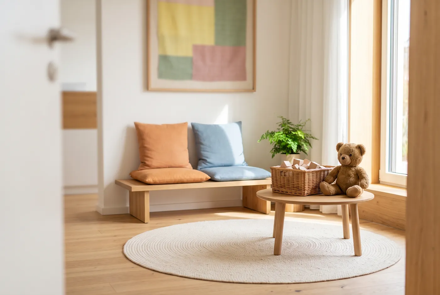 Eine helle, ruhige Wartezimmerecke in einer Kinderarztpraxis mit einer Holzbank, orangen und blauen Kissen, einem Korb mit Holzbausteinen, einem Teddybär auf einem niedrigen runden Tisch