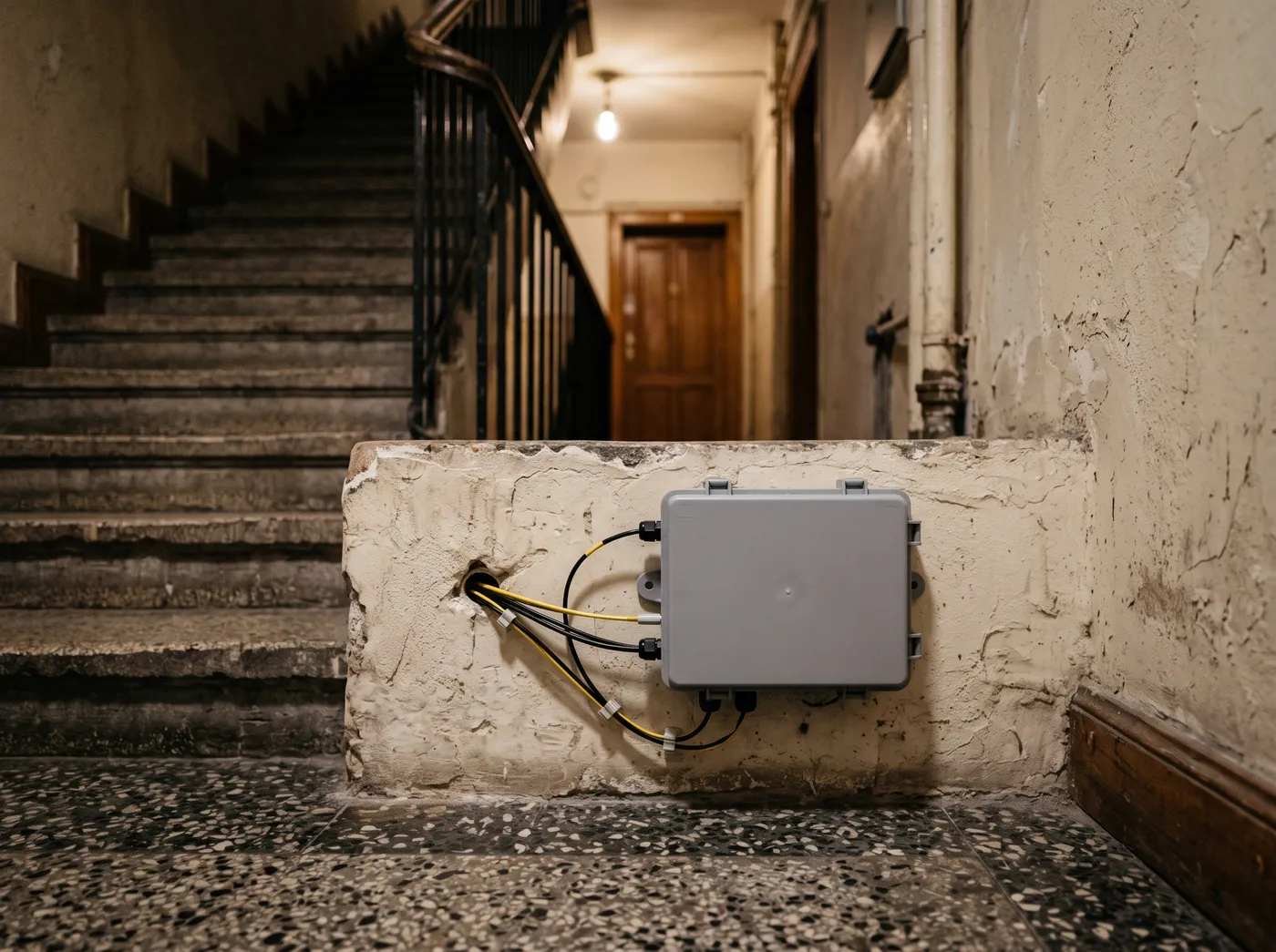 Ein grauer Glasfaser-Verteilerkasten, tief an einer Treppenhauswand im Keller eines Berliner Wohnhauses montiert, Kabel treten ordentlich durch eine Wanddurchführung ein, gedämpfte Treppenhausbeleuchtung, keine sichtbaren Logos oder lesbaren Beschriftungen