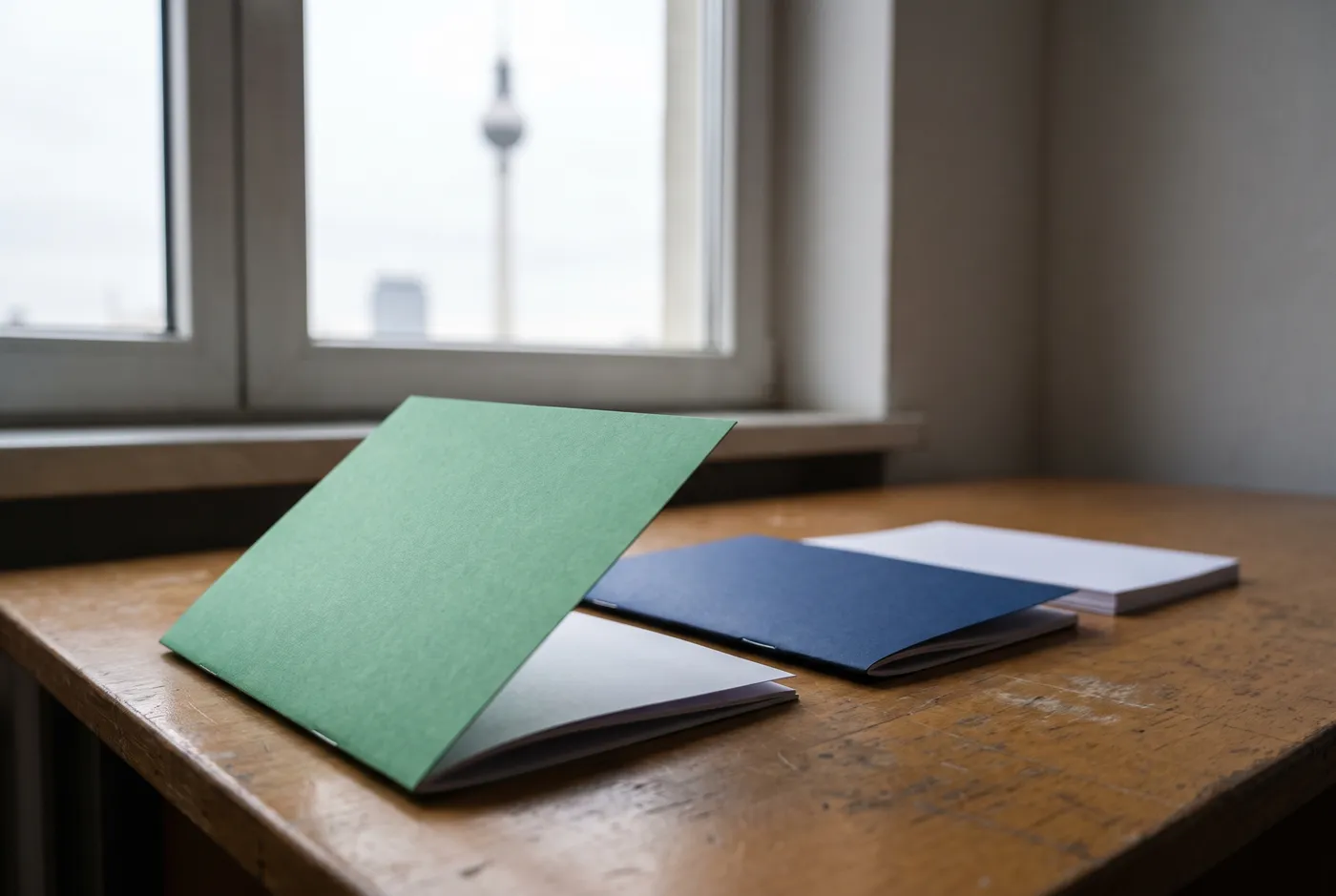 Un cuadernillo de papel plegado verde en blanco y un cuadernillo azul oscuro en blanco descansando junto a una pequeña pila de papeles blancos en blanco sobre un escritorio de madera, con la torre de televisión de Berlín suavemente desenfocada a través de una ventana al fondo