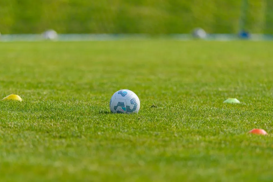 Ein weißer Trainingsfußball liegt auf einem Rasenplatz, in der Nähe verstreute bunte Trainingshütchen, im Hintergrund unscharfe Torlinien