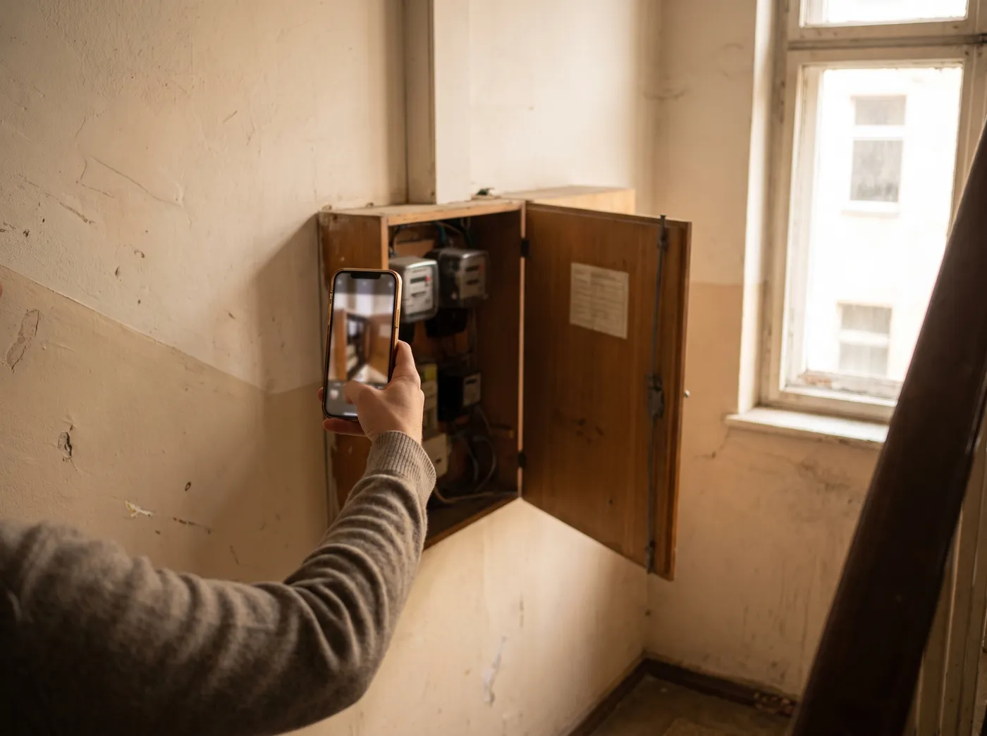Eine Hand hält ein Smartphone und fotografiert einen offenen Strom- und Gaszählerschrank in einem Berliner Treppenhaus, Zählerskalen und Beschriftungen außerhalb lesbaren Fokus