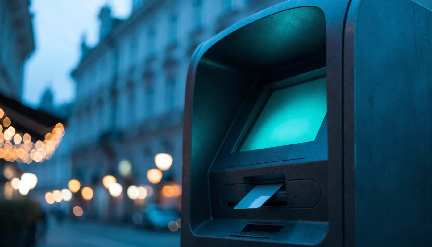 A close-up of an ATM machine at dusk on a European street, a bank card partially inserted, a blank glowing currency-selection screen, blurred historic building facades and string lights in the background