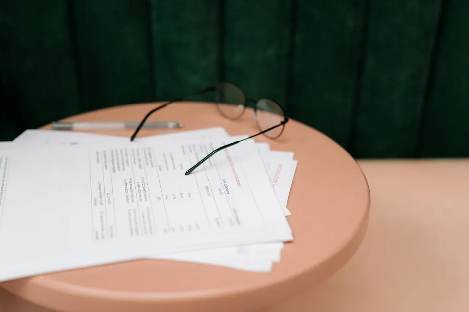 Reading glasses resting on a stack of comparison documents with visible tables of numbers on a round table, a pen beside them, a dark green curtain blurred in the background