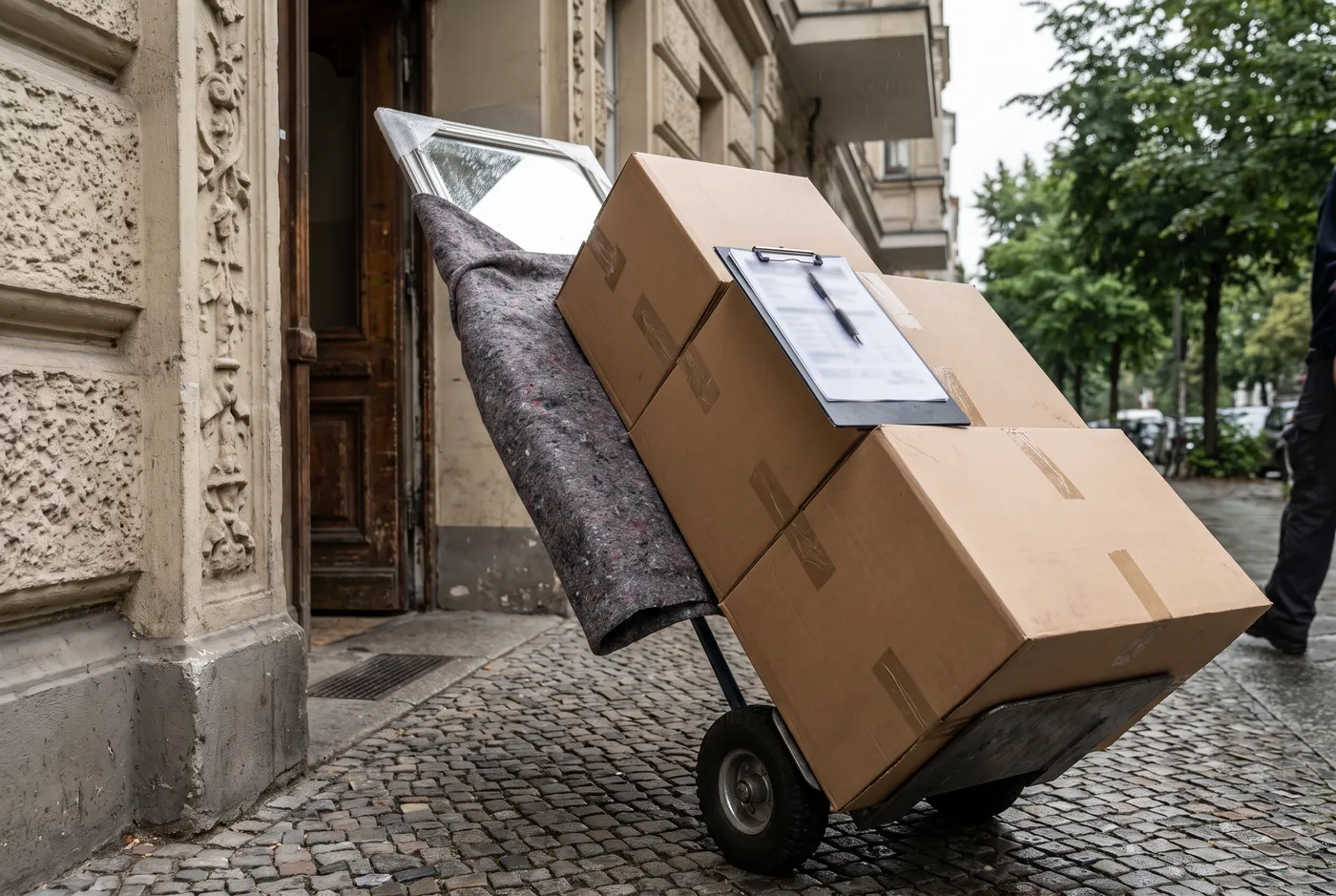 Una pila de cajas de mudanza internacionales selladas y un espejo envuelto sobre una carretilla de mano fuera de la entrada de un apartamento Altbau de Berlín, un portapapeles de declaración aduanera descansando sobre las cajas