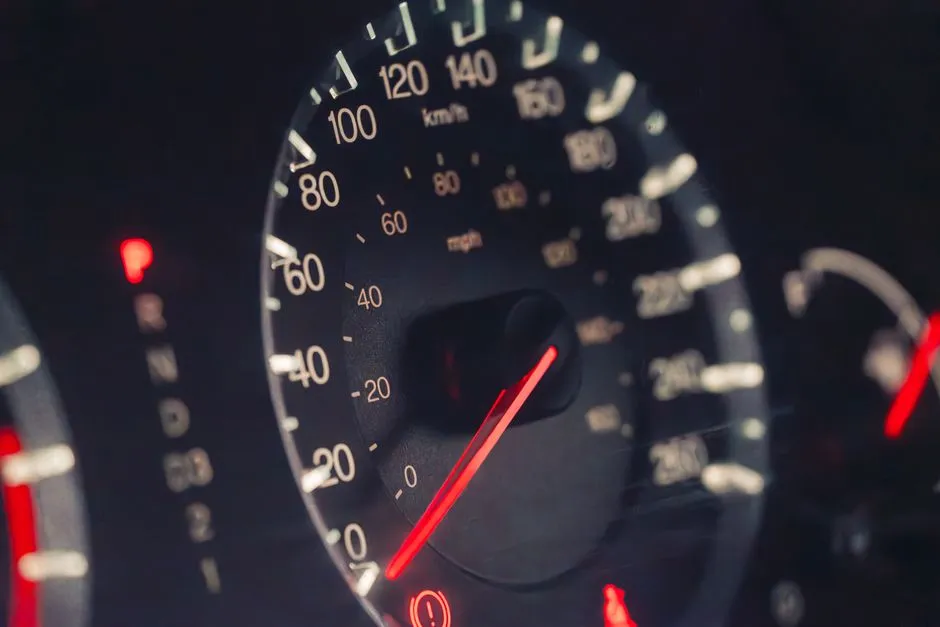 Un cuadro de velocímetro de coche con marcas tanto en kilómetros como en millas por hora, con la aguja cerca de cero