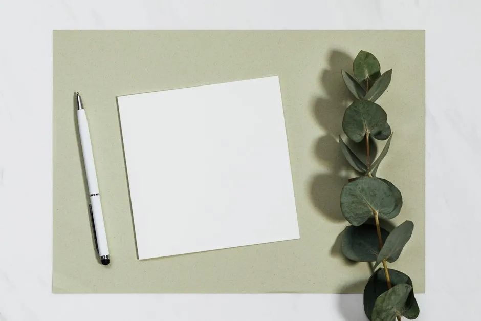 Ein leeres Blatt Papier, ein Stift und ein Zweig Eukalyptusblätter, angeordnet auf einer gedämpft grünen Fläche
