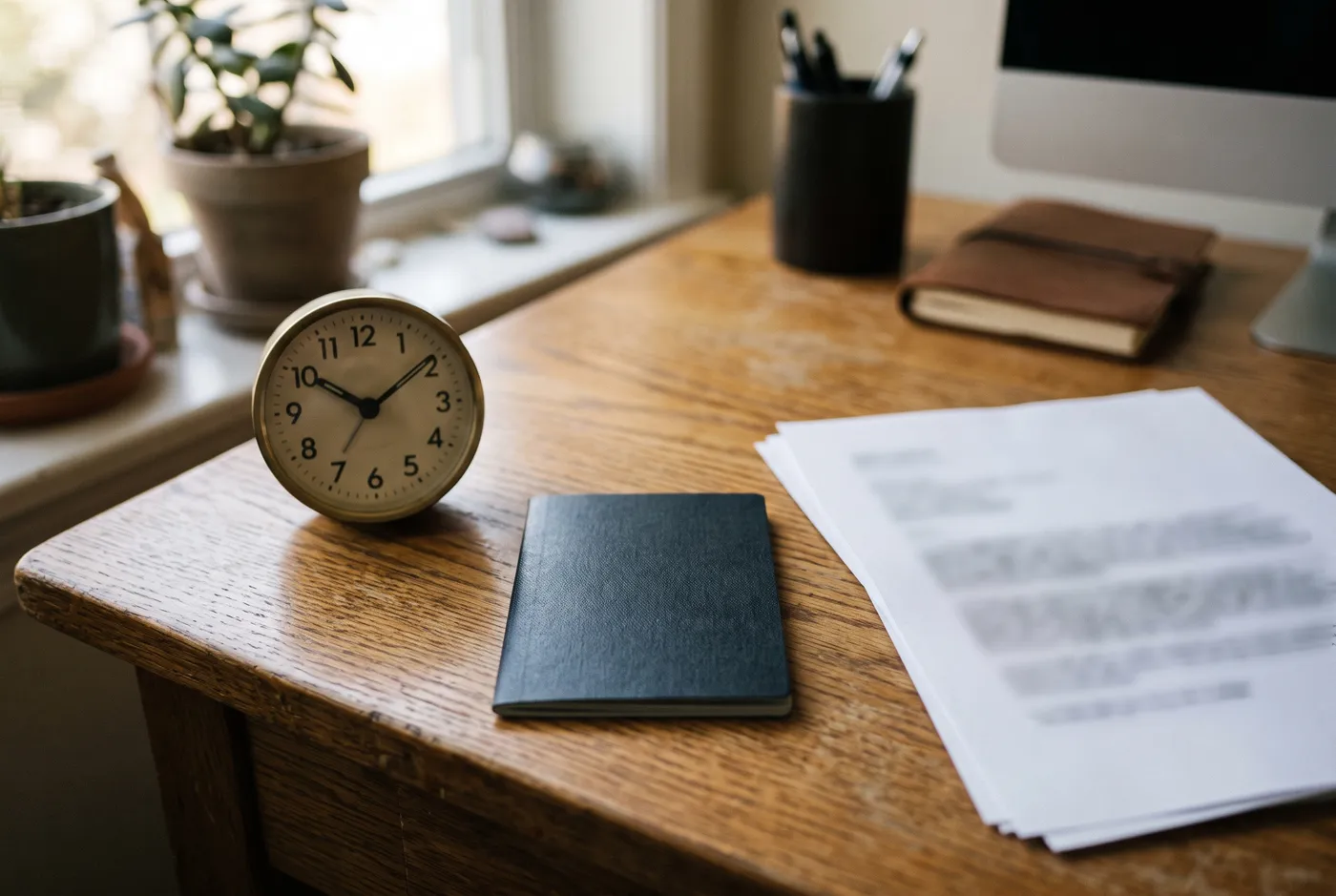 Un cuaderno oscuro en blanco, un reloj de escritorio sencillo y una pila de papeles con texto ilegiblemente borroso sobre un escritorio de madera