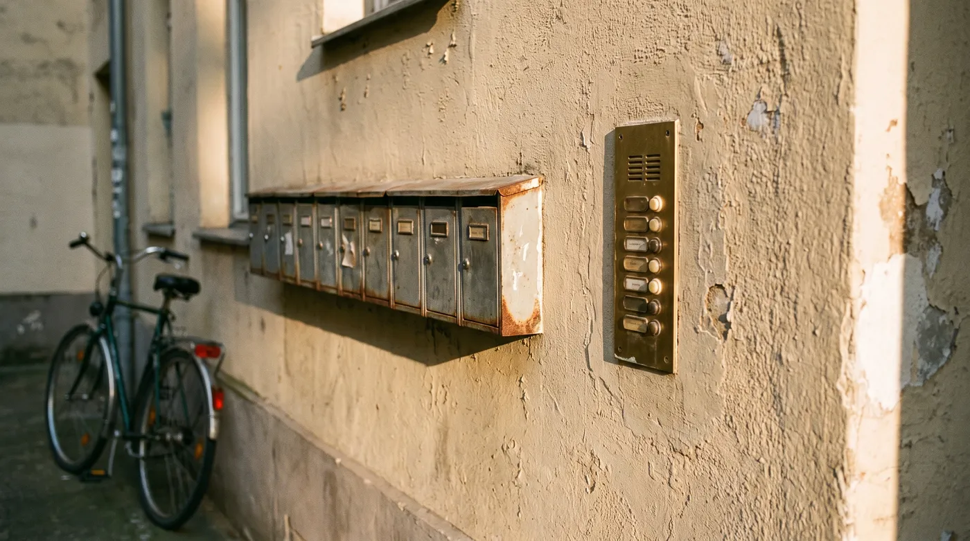 Un buzón de patio desgastado y un panel de timbres en una vieja pared Altbau de Berlín bajo una cálida luz de tarde