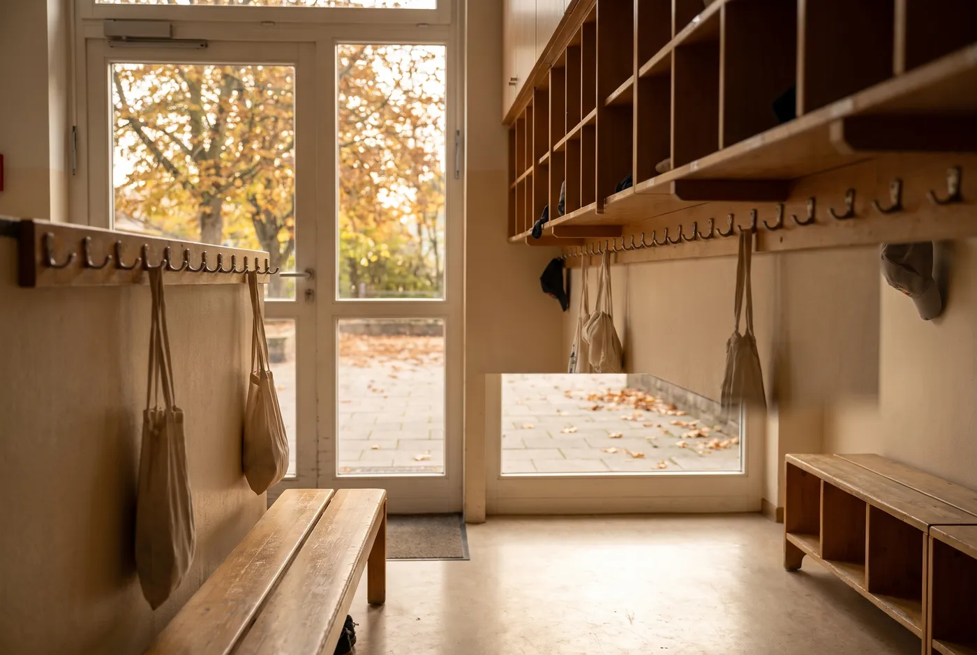 Ein helles, leeres Eingangsfoyer einer Grundschule im Herbst, Reihen von Holzgarderobenhaken und Fächern an der Wand, Herbstlaub durch eine Glastür sichtbar, keine Personen oder lesbaren Texte