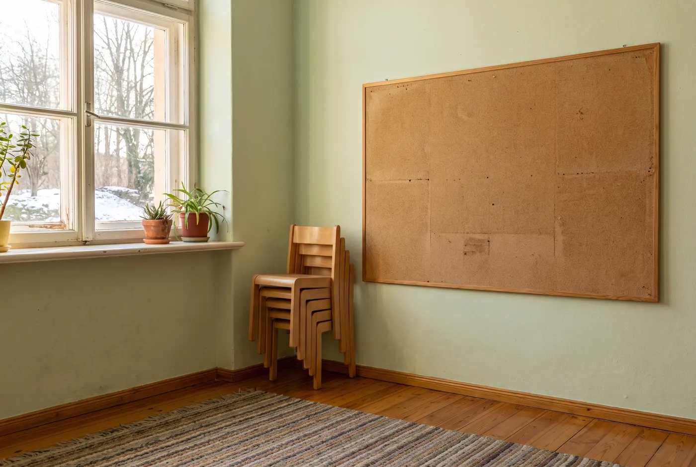 A quiet Berlin Kita playroom corner in late winter, small wooden chairs stacked neatly, a felt calendar on the wall, soft daylight through a window, no people or readable text
