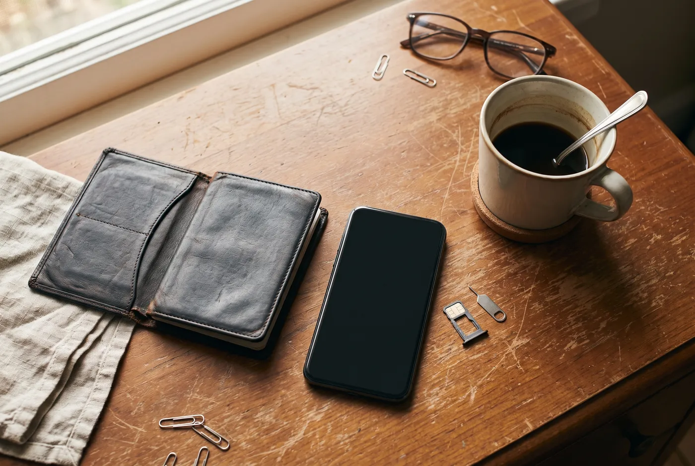 Luftaufnahme einer lederartigen Dokumentenmappe im Passformat, eines Smartphones mit leerem Bildschirm, eines ausgeworfenen SIM-Karten-Trays und einer Tasse Kaffee auf einem Holztisch