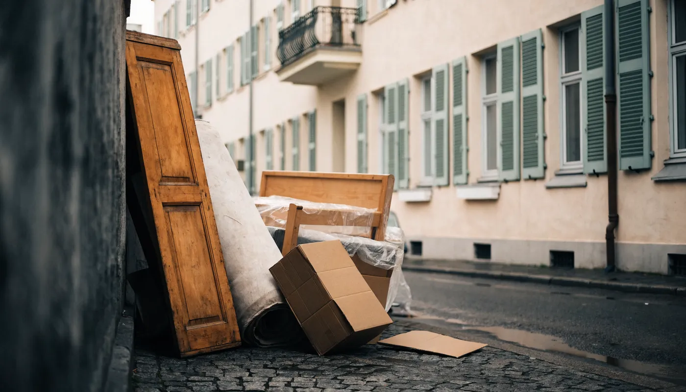 Una puerta de armario de madera, un colchón enrollado, un marco de cama de madera desmontado, y cajas de cartón apiladas en la acera contra la fachada de un edificio Altbau de Berlín, sin personas visibles