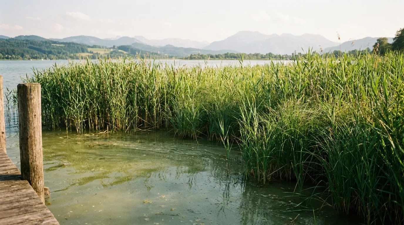 Una orilla tranquila de lago con juncos verdes junto al agua y colinas neblinosas a lo lejos bajo la luz del verano