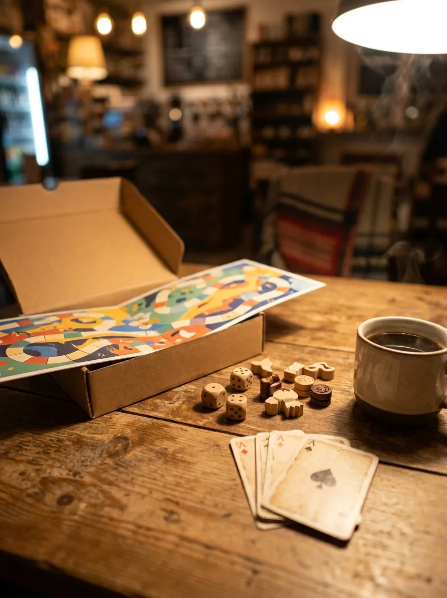 A wooden café table with board games, dice, and playing cards laid out under warm ambient lighting