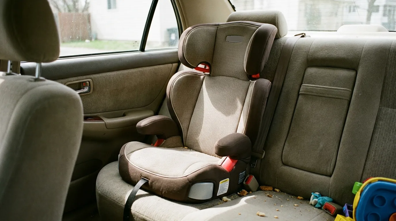Eine kindliche Sitzerhöhung mit Rückenlehne und Kopfstütze, montiert auf dem Rücksitz eines Autos