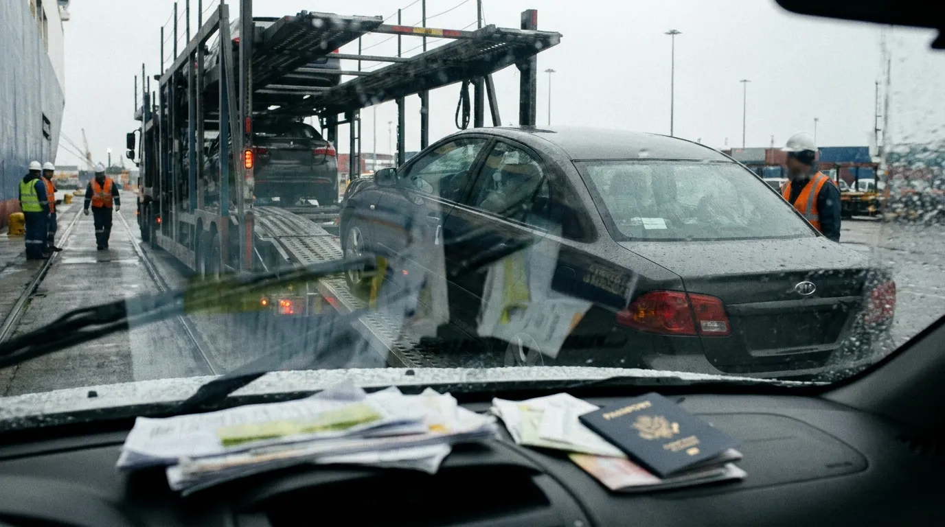 Un coche siendo cargado en un camión de transporte con documentos de envío y un pasaporte visibles en el salpicadero
