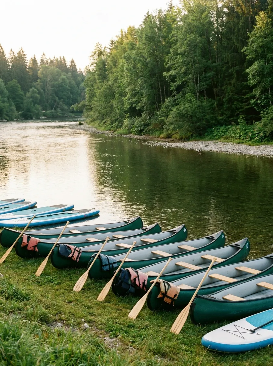 Canoas hinchables vacías y una pila de remos alineados en una orilla cubierta de hierba junto a un agua verde y tranquila, con chalecos salvavidas sobre las barcas, sin personas en la escena