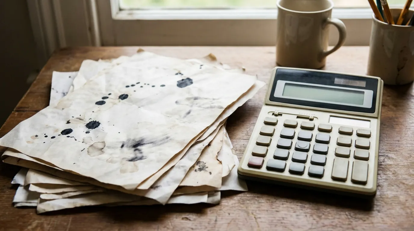 A stack of childcare invoices and a bank statement next to a calculator on a home desk