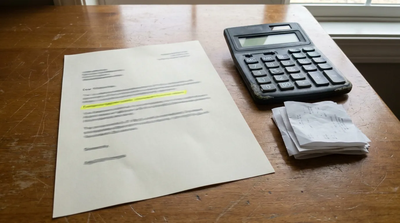 A tax return form with a highlighted line item next to a calculator and a stack of receipts, no readable personal data visible