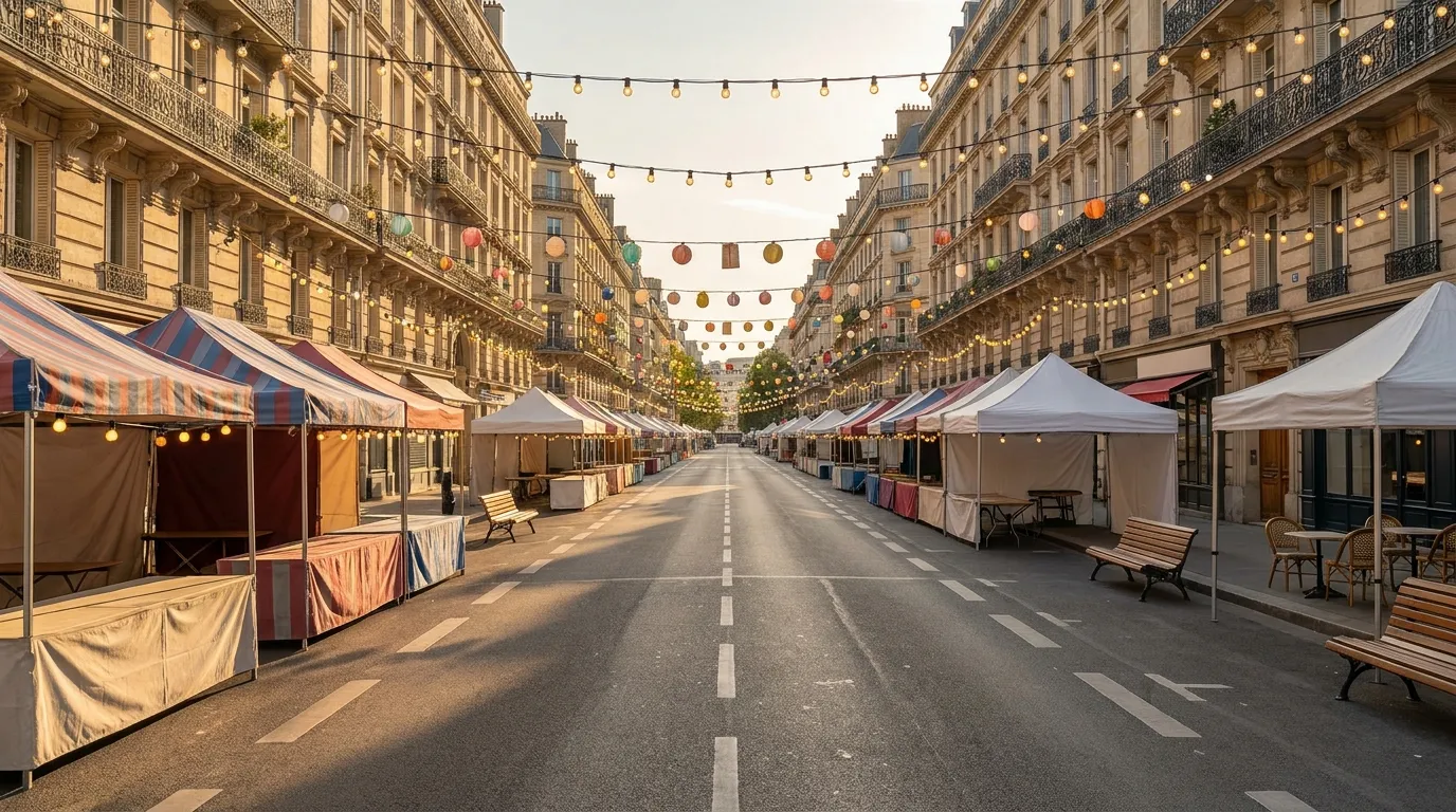 Eine breite autofreie europäische Prachtstraße mit gestreiften Marktzelten, Lichterketten und Papierlaternen über der Straße, menschenleer, mit eleganten Wohnhäusern auf beiden Seiten