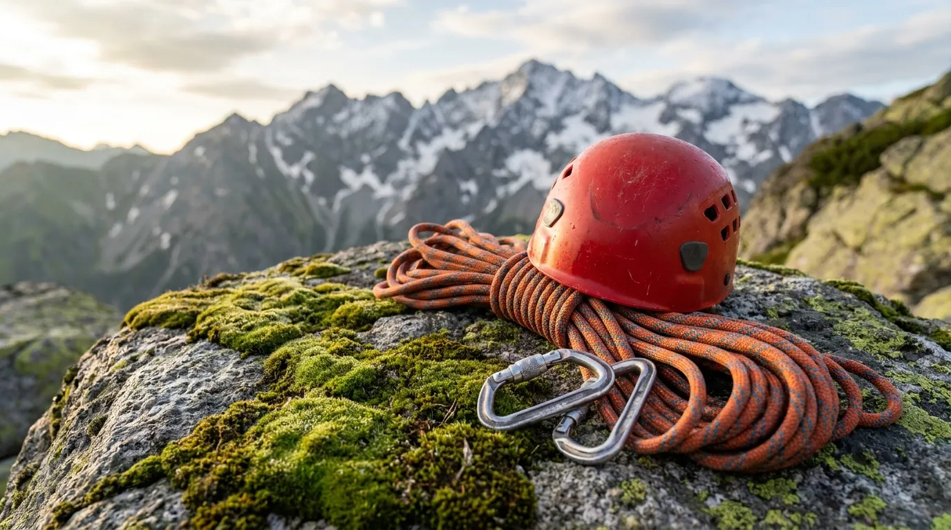 Eine bunte Kinderkletterhelm-Reihe hängt an einer Wand einer DAV-Kletterhalle neben aufgereihten Klettergurten in verschiedenen Größen