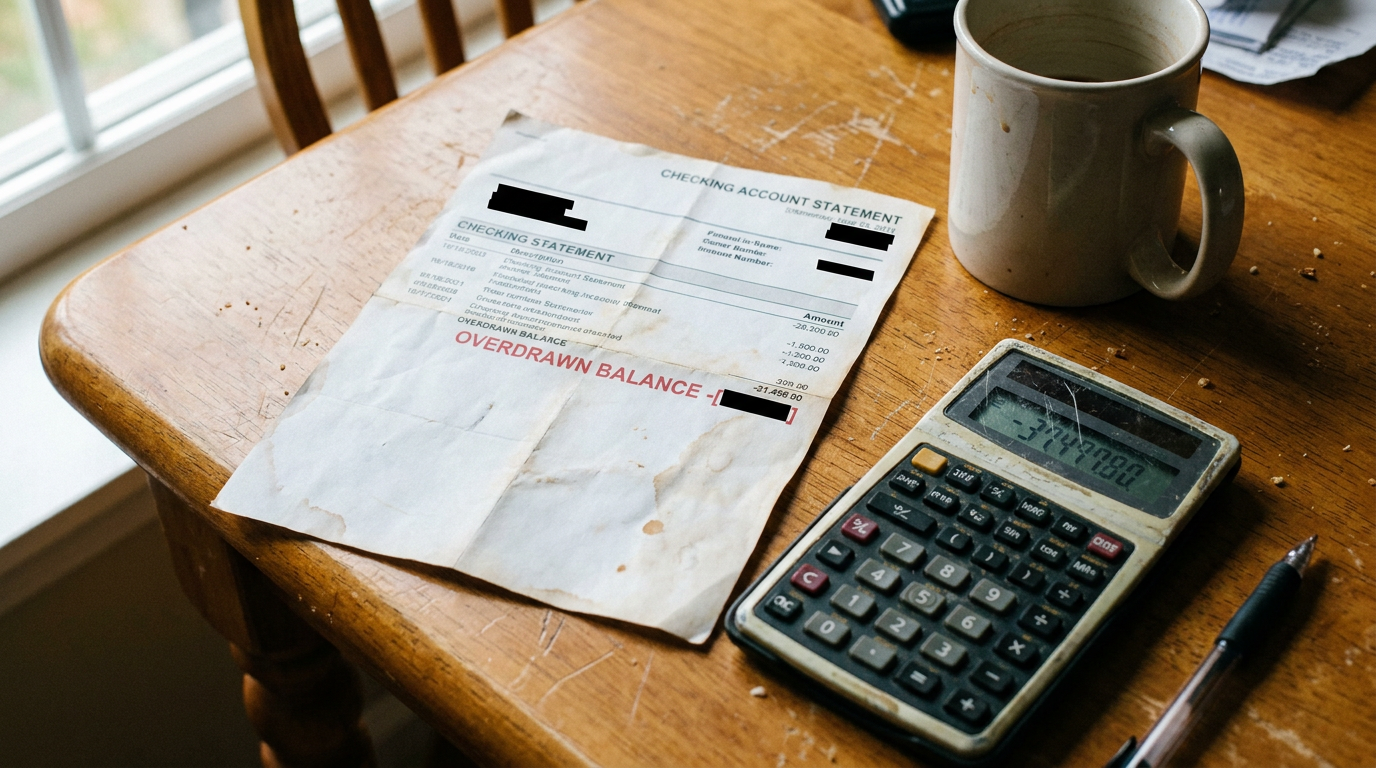 A checking account statement showing a negative balance next to a calculator on a kitchen table