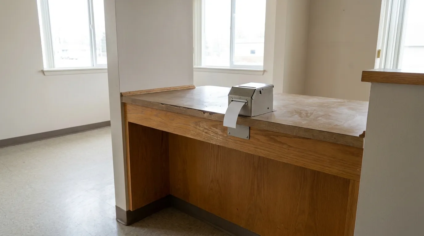 A simple document collection counter with a small numbered ticket dispenser in a bright municipal office, no people or readable text visible