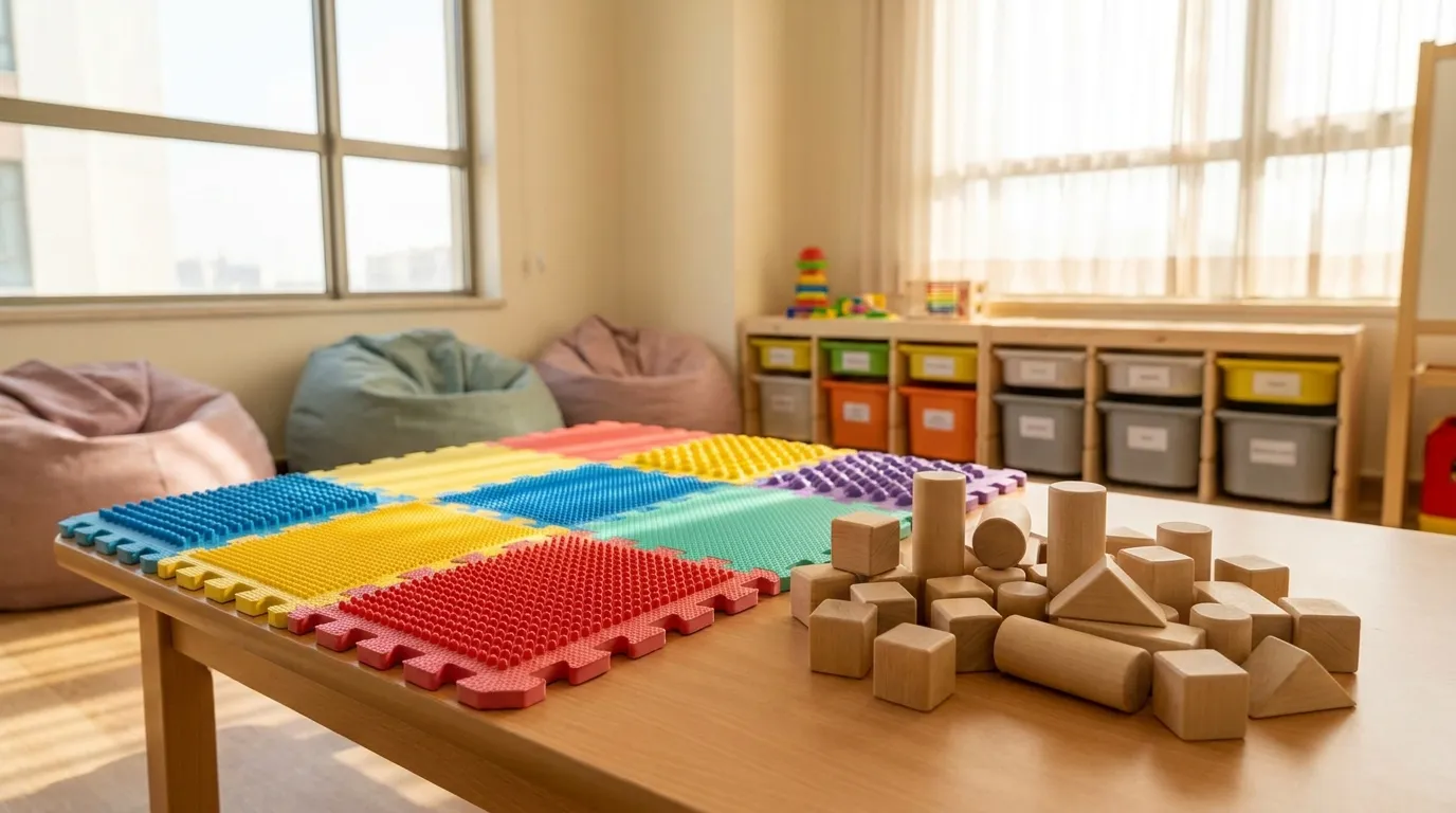 A child's occupational therapy exercise mat and a set of building blocks resting on a table in a bright therapy room, no people visible