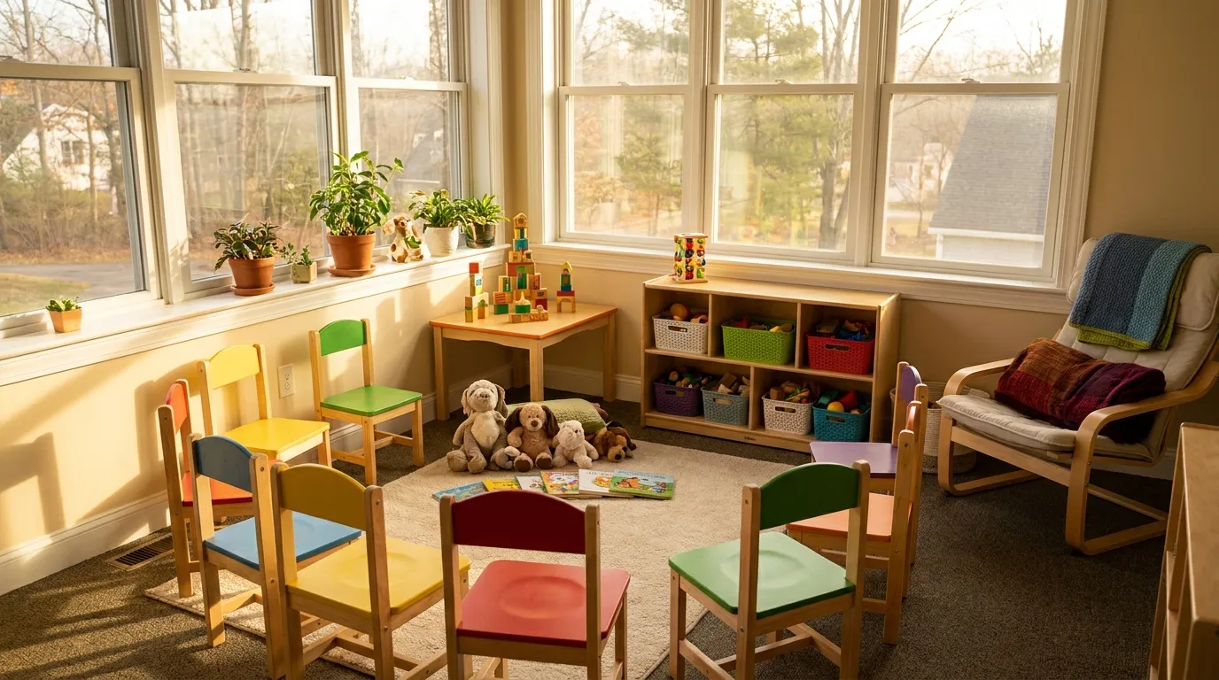 Una sala de espera luminosa de una consulta de terapia con sillitas infantiles y juguetes ordenadamente dispuestos, luz solar matutina por la ventana