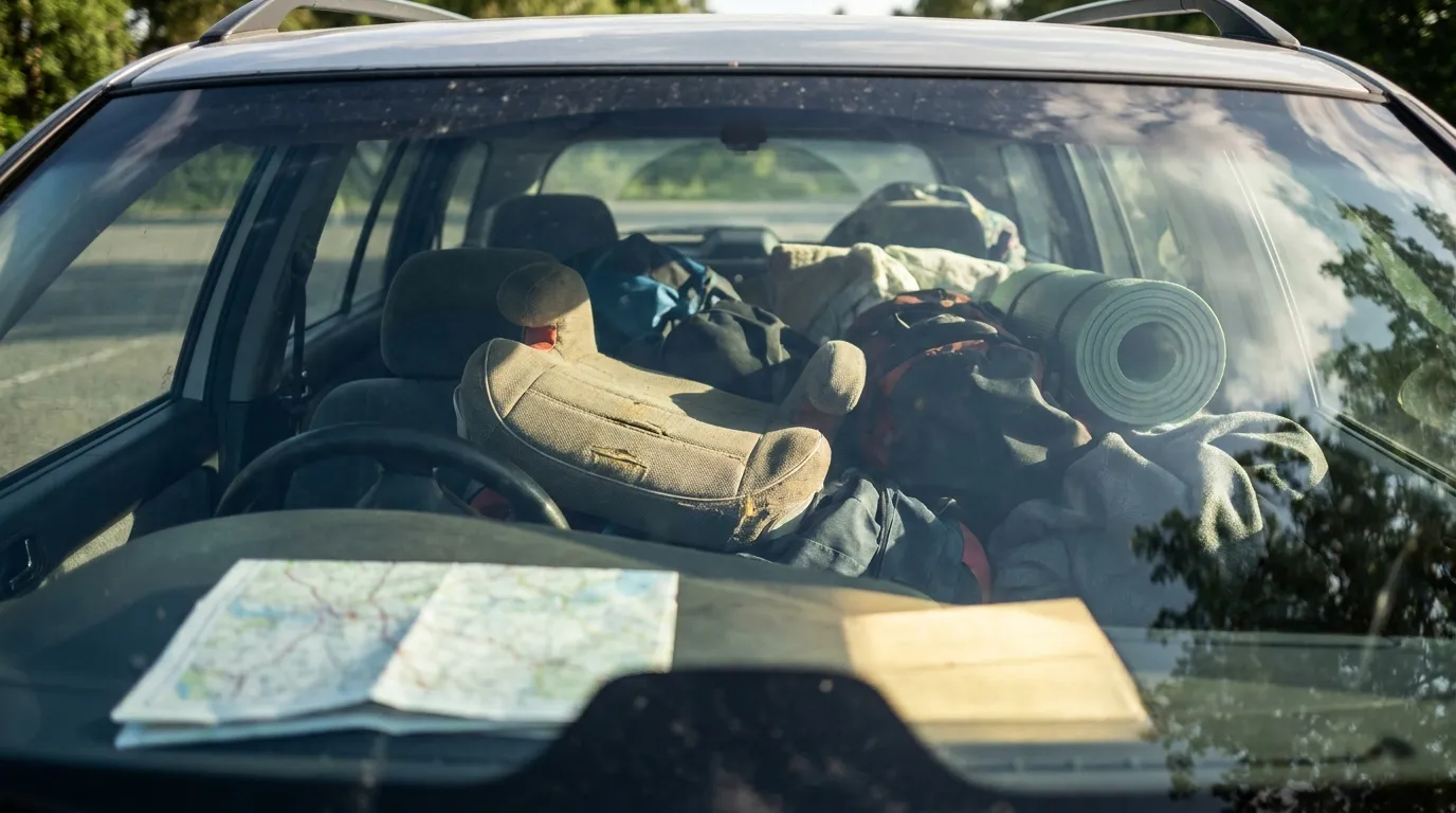 Ein Kindersitz mit sichtbarem Sitzerhöher-Kissen durch die Heckscheibe, gepackt für eine Autoreise mit einer Karte auf dem Armaturenbrett