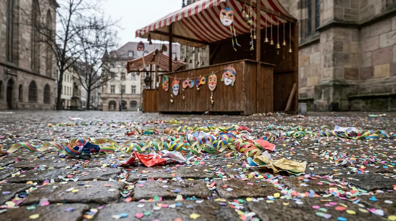 Confeti colorido y serpentinas de papel esparcidos sobre un antiguo pavimento de adoquines en una plaza de mercado europea, con un puesto de mercado desenfocado con un toldo a rayas al fondo
