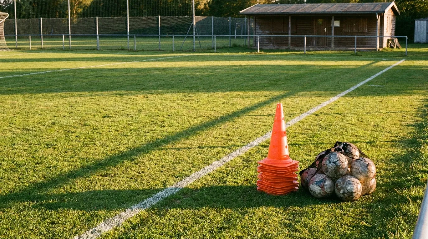 ملعب عشب رياضي فارغ بعلامات خطوط بيضاء، وكومة من أقماع تدريب برتقالية، وحقيبة شبكية من الكرات عند حافة الملعب في ضوء أواخر بعد الظهر