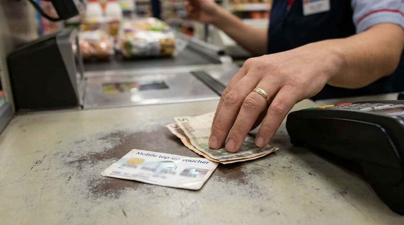 Eine Prepaid-SIM-Aufladegutscheinkarte und Bargeld auf einer Supermarktkasse