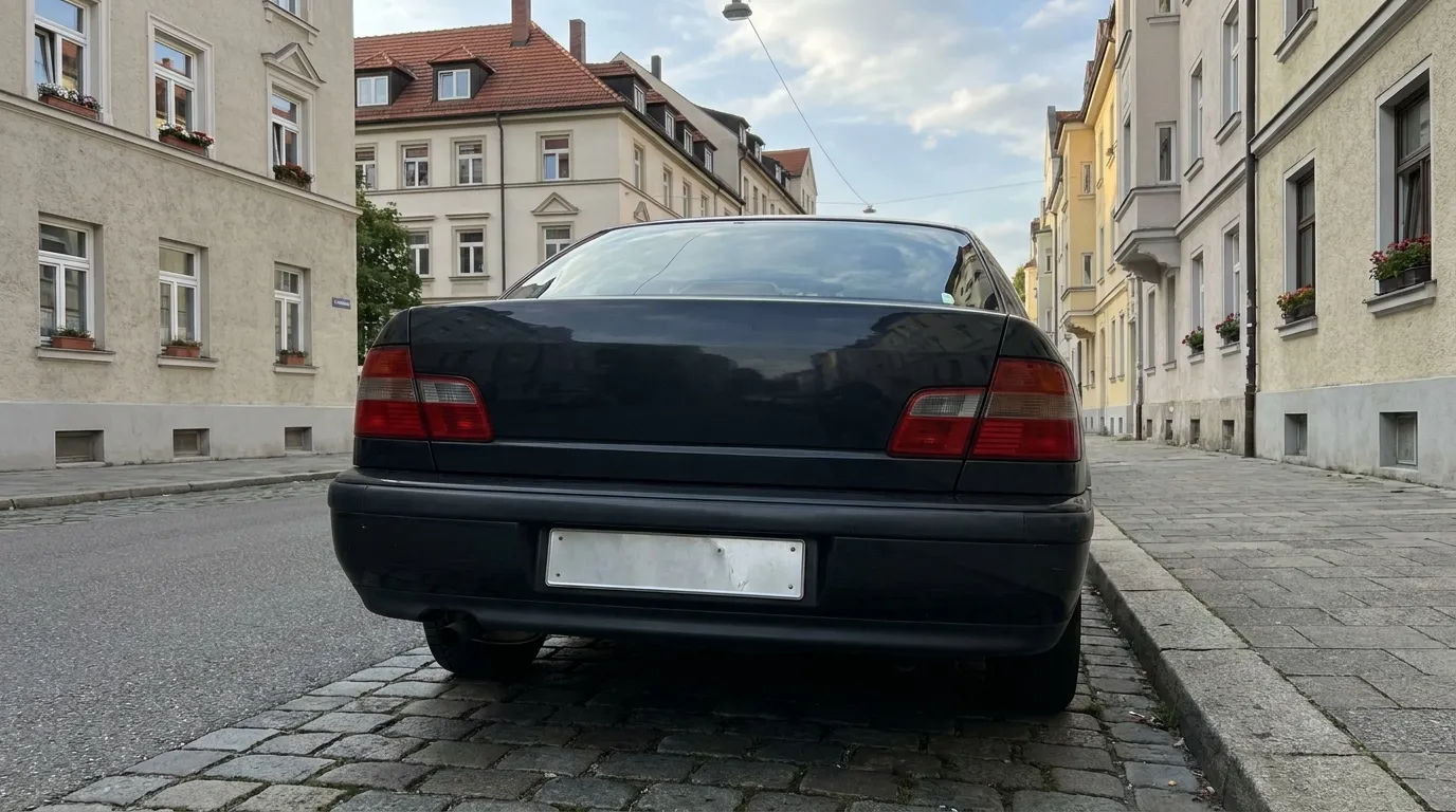 Un coche con matrícula extranjera y una pegatina de nacionalidad visible aparcado en una calle residencial de Múnich