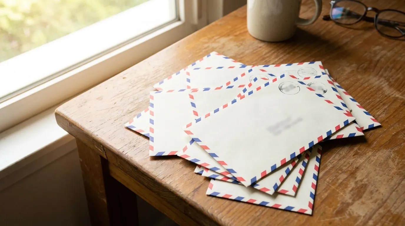 International adressierte Luftpostumschläge und Briefmarken auf einem Schreibtisch angeordnet, keine lesbaren persönlichen Details sichtbar