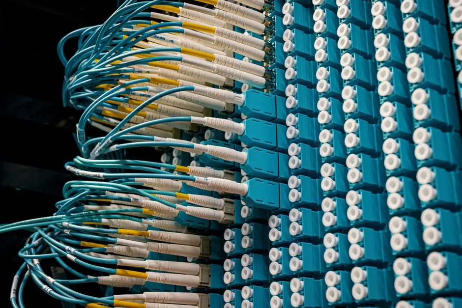 Close-up of teal fiber optic patch cables plugged into a dense wall of network distribution ports, no people, text, or logos visible