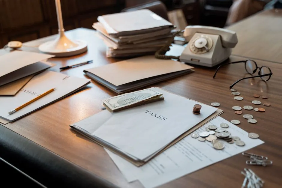 Office desk with paperwork, an old rotary telephone, a folder, glasses, and loose coins scattered across it